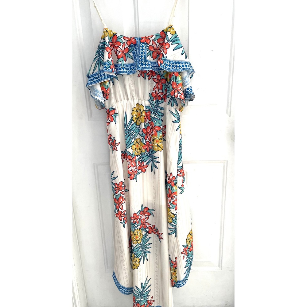 Tropical Floral High Low Maxi Dress Cold Shoulder Tassel Tie Cream Multi Medium - Picture 5 of 5